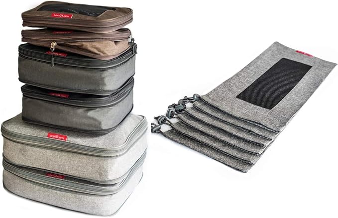 LeanTravel Bundle Compression Packing Cubes Set of 6 Grey-Black-Brown Color + Shoe bags for Travel Set of 6 Grey Color by LeanTravel