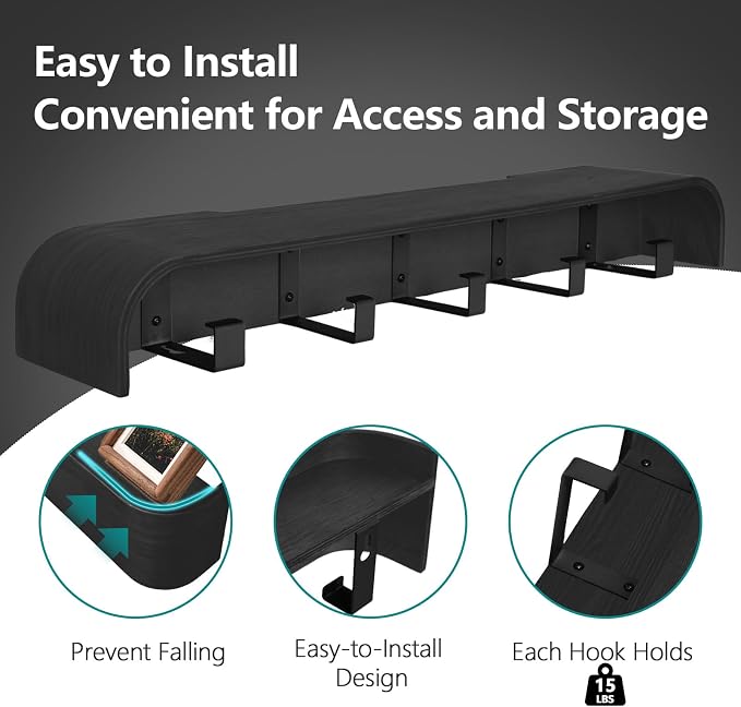 Coat Rack Wall Mount with Shelf 5 Hidden Hooks Modern Wooden Key Holder Entryway Organizer for Hallway Bedroom Bathroom Home Decor Storage for Hanging Coats Hats Bags Towels, Black - Image 4