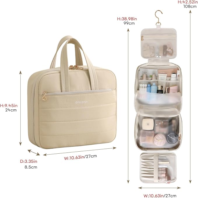 GIVLEFLY Luxury Hanging Makeup Bag for Women, Large 4-Layer Foldable Waterproof Cosmetic & Skincare Organizer with Handle, Fits Suitcase & Train Seat for Travel（beige） - Image 3