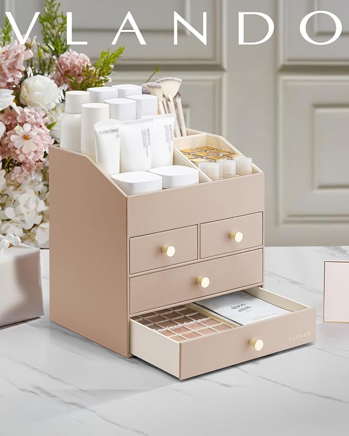 VLANDO Makeup Organizer,Vanity Organizer with Drawers, PU Leather Skincare Organizer Perfume Organizer,Large Cosmetic Display Case for Lipstick,Brushes Gifts for Women, Toffee, 4 Layer - Image 9