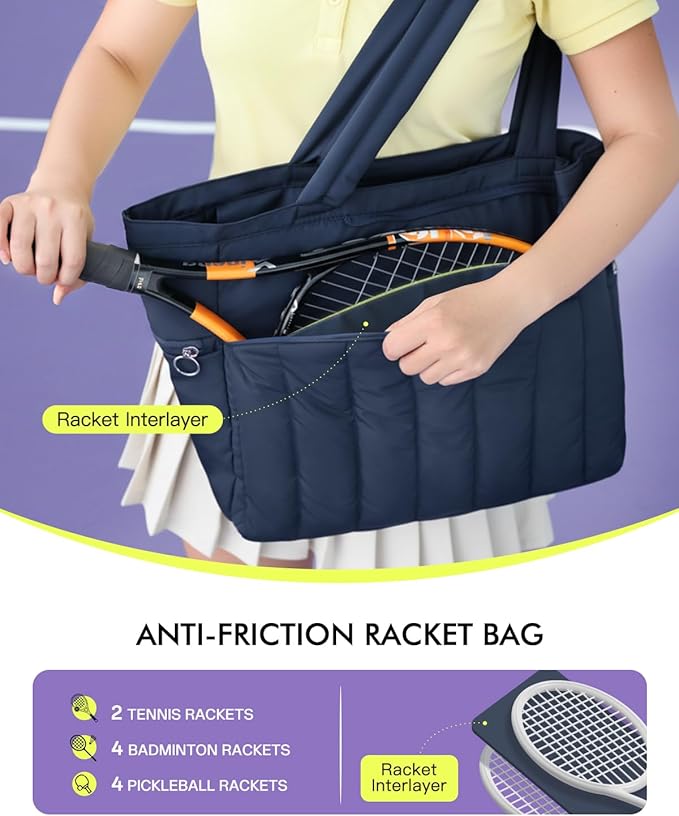 Quilted Tennis Tote Bag for Women Gym Duffle Bag with Shoe Compartment & Wet Pocket Fits 2-4 Rackets and 15.6" Laptop Overnight Weekend Sports Bag with Fence Hook(Large size) - Image 2