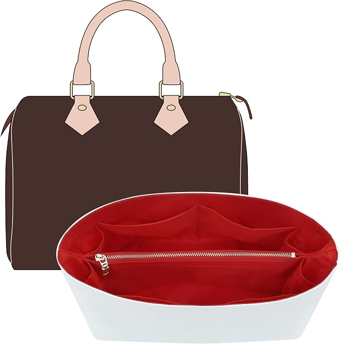 Purse Organizer Insert Compatible with lv Speedy 25/Monogram Bags and More, Light Waterproof DupontPaper Bag Insert Shaper Protector for Women Tote Handbags, 11 Pockets with Zip(White&Red, M) by OAIKOR