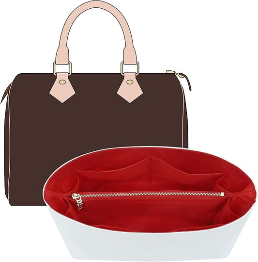 Purse Organizer Insert Compatible with lv Speedy 25/Monogram Bags and More, Light Waterproof DupontPaper Bag Insert Shaper Protector for Women Tote Handbags, 11 Pockets with Zip(White&Red, M) by OAIKOR