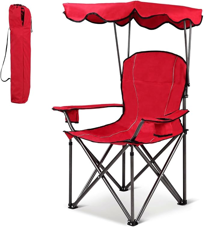 COSTWAY Portable Camping Chair with Canopy, Outdoor Lawn Chair with Shade, Carry Bag, Cup Holder, for Travel, Picnic, Beach (Red) by COSTWAY
