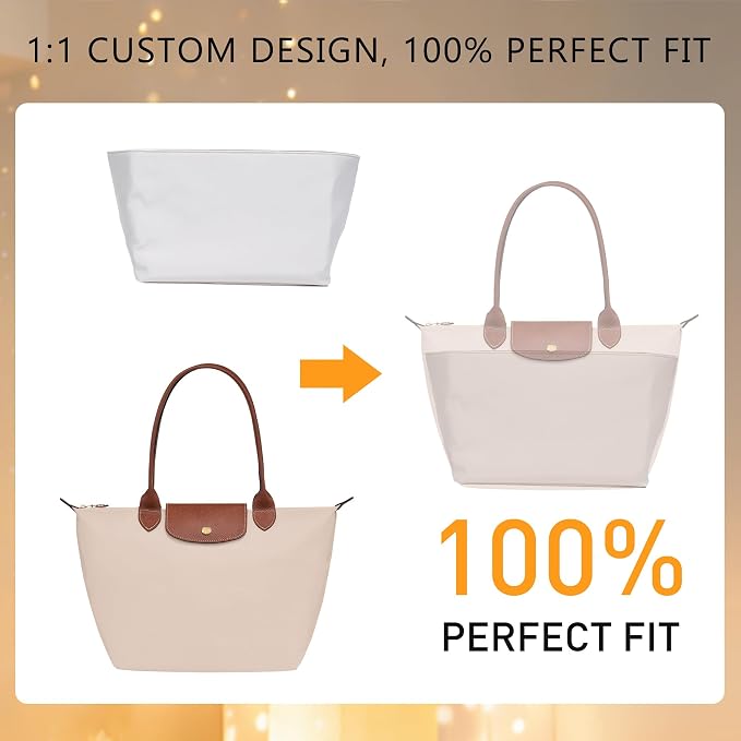 Soft Nylon Purse Organizer Insert for Longchamp Le Pliage M Tote Bag Long Handle, Lightweight Luxury Long Champ Medium Divider Shaper with Cup Holder,Zipper Bag Inner with Deepened Pockets,M/Beige - Image 7