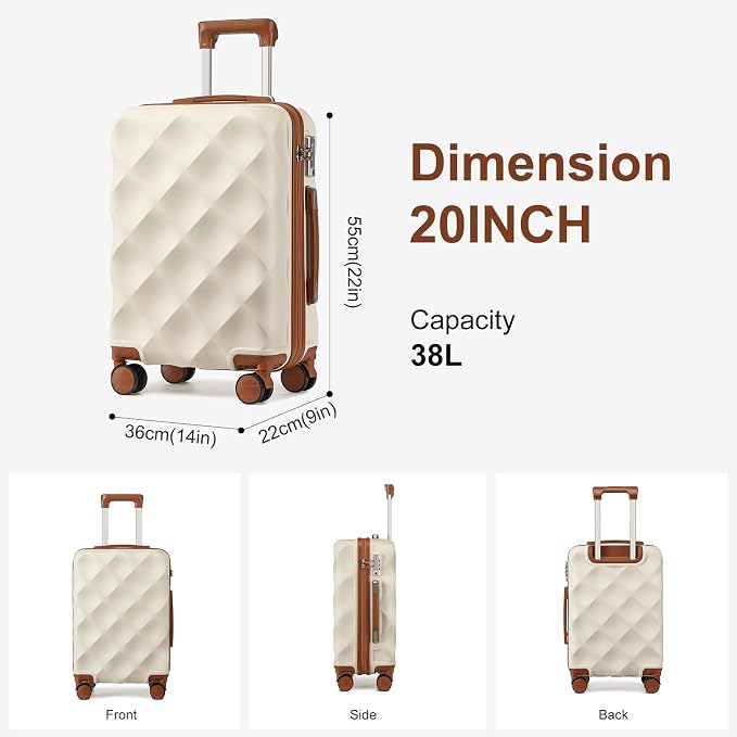 Somago Luggage Sets Suitcase with TSA Lock YKK Zipper Spinner Wheels ABS Hardside Luggage Weekender Bags Travel Set (Beige, 3 Piece Set (20/DB/TB)) - Image 4