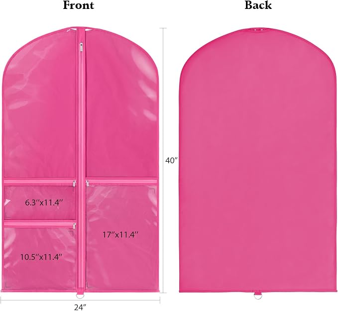 Univivi Dance Costume Bags Garment Bag 40 Inch Hanging Clothes for Dance Competitions, with 3 Medium Clear Zipper Pockets for Dance Costumes, Closet Storage (Rose Red) - 4 Pack - Image 2