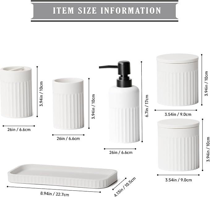 INIUNIK Bathroom Accessory Set - 6 Pieces Bathroom Accessories Set Complete with Soap Dispenser, Toothbrush Holders, Tumbler, Vanity Tray and 2 Qtip Holder for Home Organizer and Decor, White - Image 5