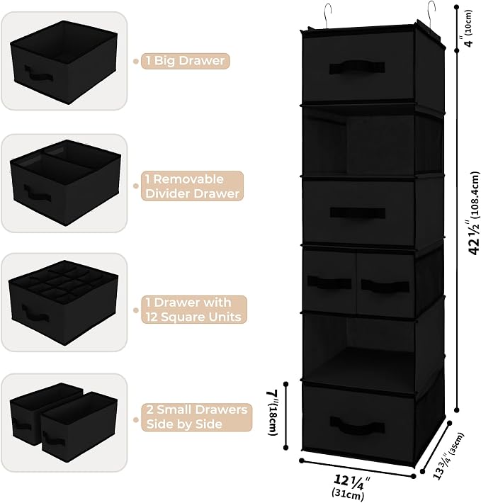 GRANNY SAYS Hanging Closet Organizer 6 Shelves, Closet Organization and Storage with 5 Different Drawers, 6 Side Pockets Wardrobe Clothes Organizer for Closet, Black, 1-Pack - Image 3