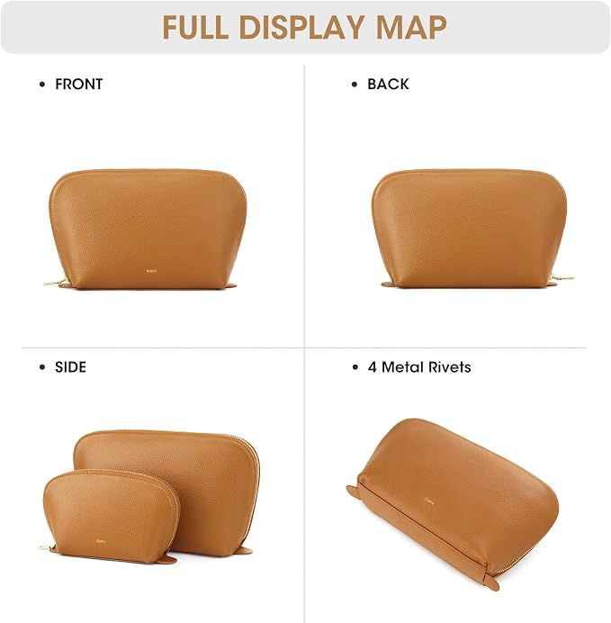 Kattee Leather Makeup Bag, Travel Cosmetic Bag Set, Toiletry Bag Organizer for Women, 1-PACK, Medium, Brown - Image 7