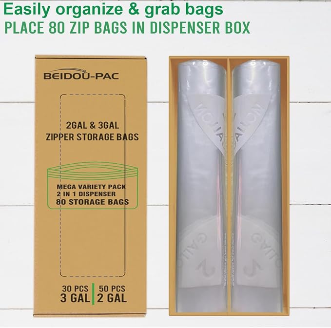 BEIDOU-PAC 80 Count Combo Large Storage Zip Bags, 2 Gallon & 3 Gallon Resealable Variety Pack With Organizer, Reclosable Clear Assorted Size Plastic Bags - Image 2
