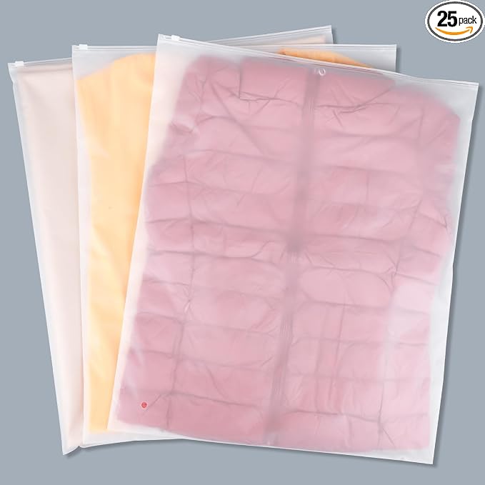 Clothing Bags, 25 Count 20x24 inch Jumbo Extra Large Frosted Zipper Plastic Bags for Clothes, Sweater Dress, Backpack, Blanket, T Shirt Packaging Shipping, 3 Mil, with Vent Holes by Svaldo