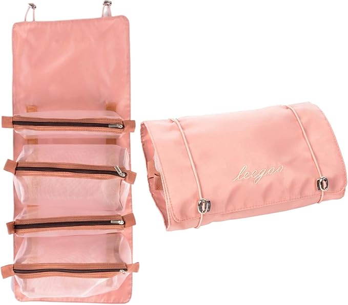 Roll-Up Makeup Cosmetic Bag with 4 Removable Pouches | Hanging Toiletry Organizer for Travel, Personal Care, Makeup | Makeup Bag | Makeup Cosmetic Accessories & Brushes (Pink) by Unknown