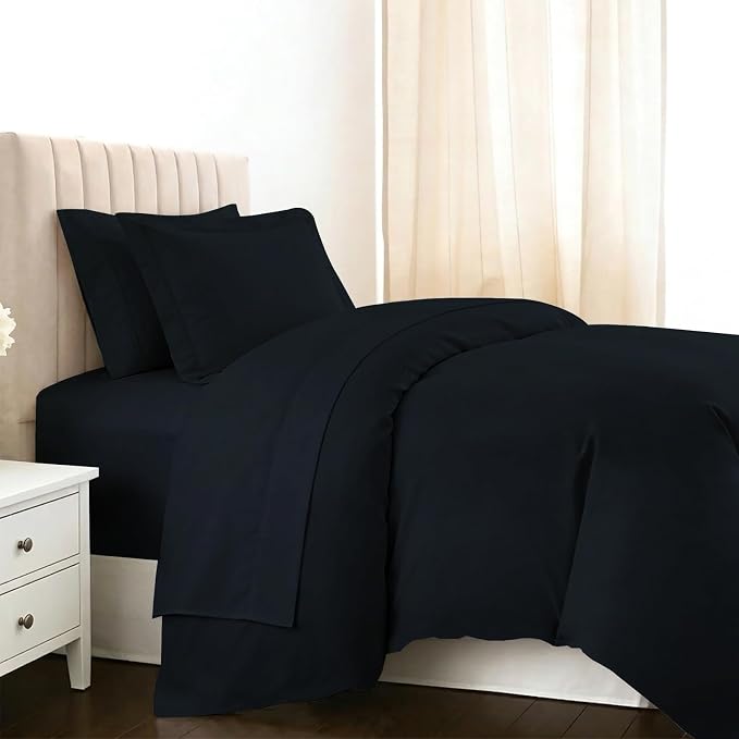 Pizuna Pure 100% Long-Staple Cotton Duvet Cover + Sheet Set Twin, Luxurious 400 Thread Count Long Staple Cotton, Soft Sateen Weave Bedding Set (Black) by Pizuna