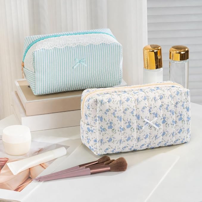 Makeup Bag Travel Toiletry Bag for Women, Small Cosmetic Bags Aesthetic Organizer Quilted Cotton Makeup Pouch&Purse Emergency Bag Floral Pencil Case Accessory Bag, Watercolor Flower - Image 5