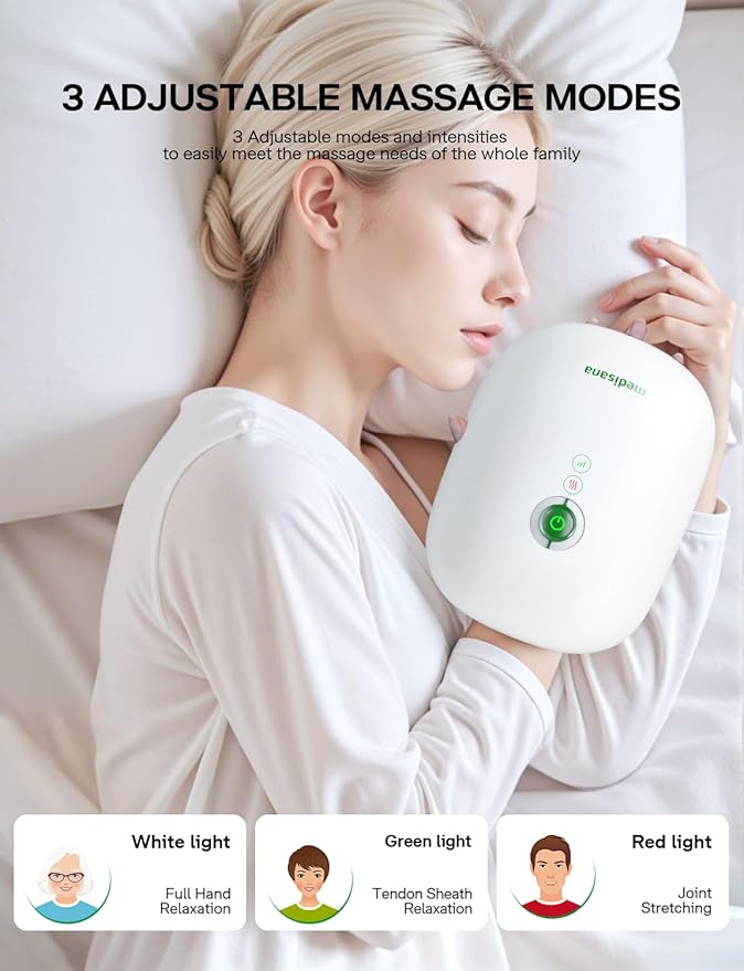 Medisana Hand Massager with Heat and Compression, Cordless Hand Massager for Arthritis and Carpal Tunnel Relief, Knuckle Stretching Massage, Birthday Christmas Gifts for Men Women Dad Mom-White