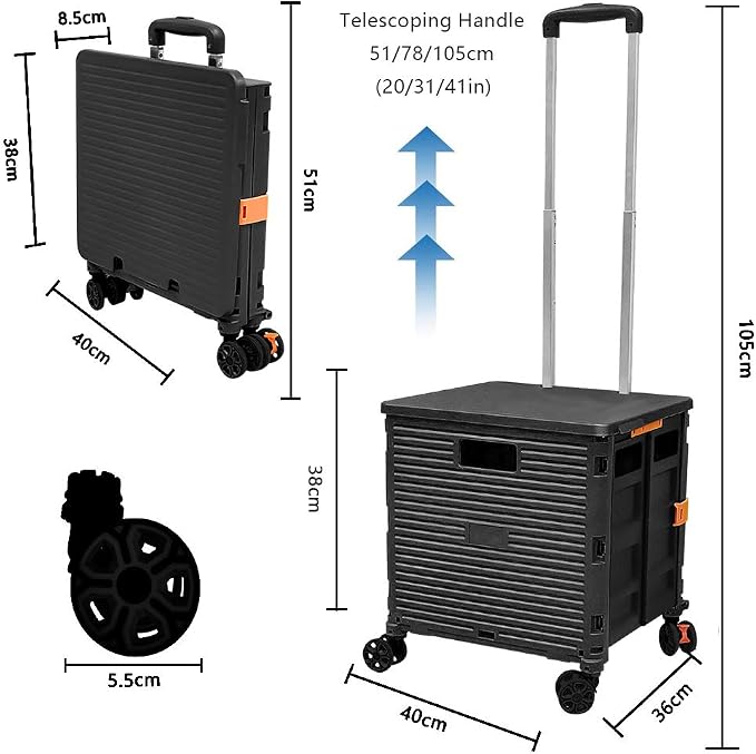 Foldable Utility Cart Portable Rolling Crate Handcart Shopping Trolley Collapsible 4 Rotate Wheels with Durable Heavy Duty Plastic Telescoping Handle for Travel Shopping Moving Storage Office Use - Image 4