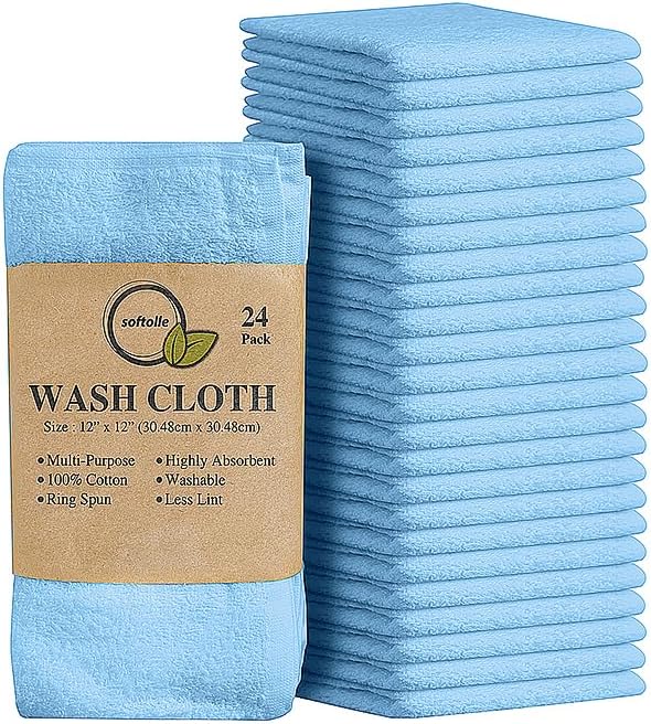 100% Cotton Washcloths 24 Pack (12x12 Inches) Soft, Highly Absorbent Washcloth, Face Towels, Wash Cloths for Face, Ring Spun, Bulk Pack (Sky Blue) by Softolle