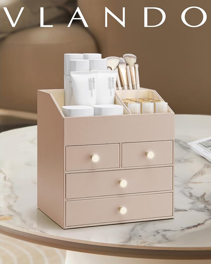 VLANDO Makeup Organizer,Vanity Organizer with Drawers, PU Leather Skincare Organizer Perfume Organizer,Large Cosmetic Display Case for Lipstick,Brushes Gifts for Women, Toffee, 4 Layer - Image 2