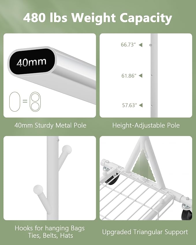 Hoctieon 1-Minute Assembly Clothes Rack, 480 lbs Heavy Duty Rolling Clothing Racks with Wheels, Foldable Garment Rack, Extendable Hanging Bar, Adjustable Metal Pole with Hooks, White - Image 4