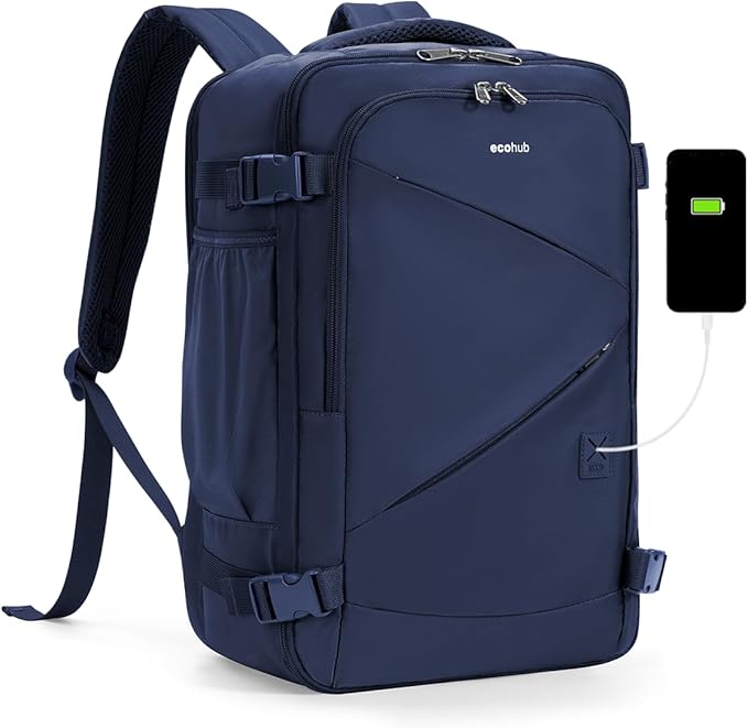 ECOHUB 17" Small Unisex Travel Backpack United Airlines Approved 17x10x9 Friendly Suitcase Anti-Theft Lockable Zippers Style Personal Item Bag Travel Essentials with 12 Pockets Water Resistant, Blue by ECOHUB