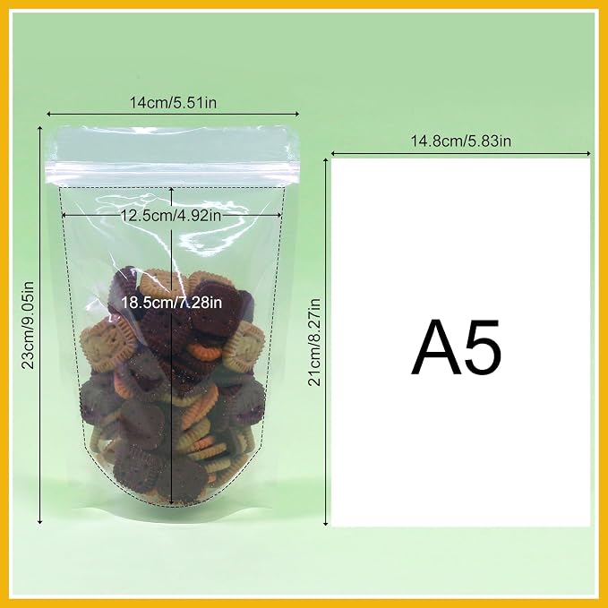 SumDirect 100pcs 5.5x9 Inches Clear Stand Up Food Bags, Zipper Stand-up Reusable Sealing Food Pouches Snack Packing Bag with Tear Notch Heat Resealable for Storing, Cookie, Snack Tea and Drinking - Image 2