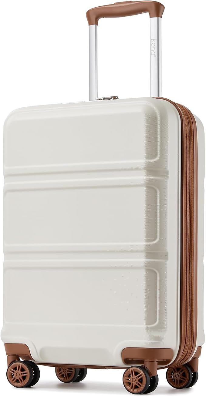 Kono Carry On Luggage 22x14x9 Airline Approved with Spinner Wheels | Lightweight PC+ABS 20 Inch Luggage with TSA Lock,Expandable Hard Shell Carry On Suitcases for Men Women,White/Brown by Kono