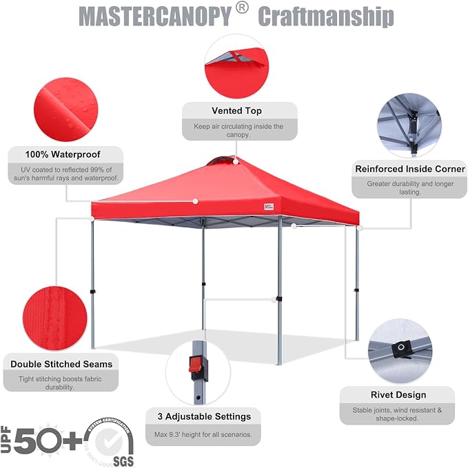 MASTERCANOPY 8x8 Pop Up Canopy Tent, 1 Person Setup Instant Shelter,Outdoor Portable Beach Canopy with Roller Bag, 4 Sandbags, 4 Ropes, 8 Stakes (8x8, Red) - Image 3