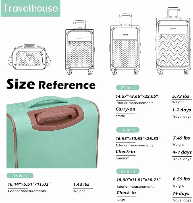 Travelhouse 4-Piece Softside Luggage Set with Spinner Wheels | Lightweight expandable suitcases: 16" underseat duffel bag + 20" carry-on + 24" + 28" checked - Image 3