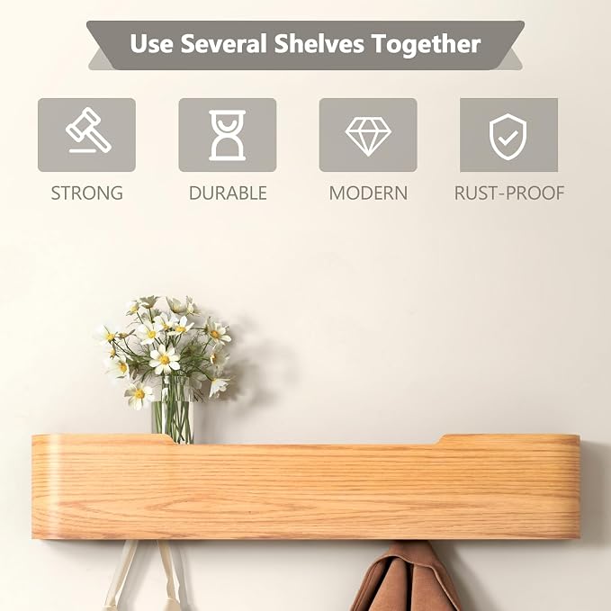 Wall Mounted Coat Rack with Shelf, Wooden Entryway Organizer with Hidden Metal Hooks for Hanging Coats Bags Keys, Modern Floating Shelf for Hallway Bathroom - Image 8