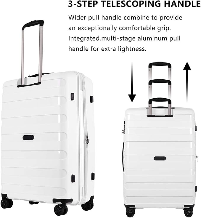 GinzaTravel PP material 3-piece expandable luggage sets with Spinner Wheels， Suitcase with TSA Lock，Large Luggage for Family Travel carry on 20/24/28，White color - Image 8