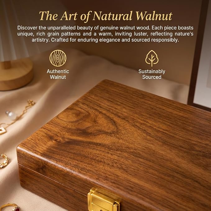 Solid Black Walnut Jewelry Box with Lock and Key Large Capacity Vintage Wooden Organizer for Women and Men Ring Necklace Earring Cufflink Storage Removable Dividers Gift for Christmas - Image 9
