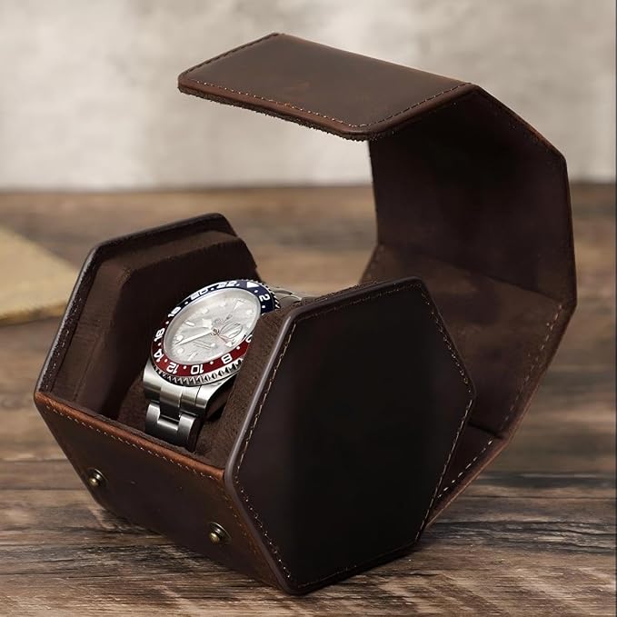 Genuine Leather Watch Roll Travel Case, Vintage Full Grain Leather Hexagon Watches Storage Organizer with Display Removable Pillows & Solid Dividers for Home Storage &Display (1 Slot) - Image 2