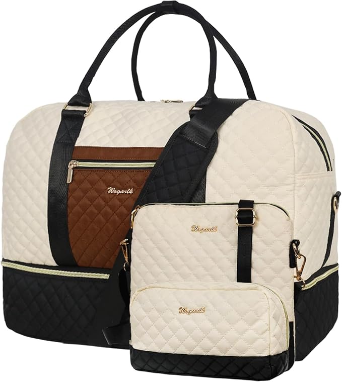 Wogarl 3PCS Weekender Bags for Women Large Overnight Bag Weekend Travel Duffel Bag Carry on Shoulder with Shoe Compartment Canvas Toiletry Bag for Travel Business Gym,Black Beige Brown by Wogarl