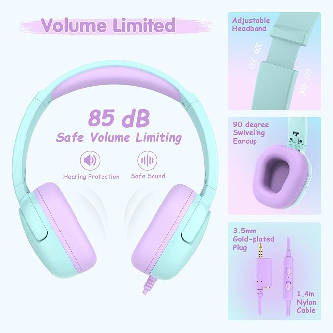 ACESAK Backpack for Girls with Headphones - Girls Backpack with Lunch Box, Pencil Case & Kids Headset - 3.5mm Wired Headphones for School Bookbag Schoolbag Set Back To School Gift (Blue Purple) - Image 4