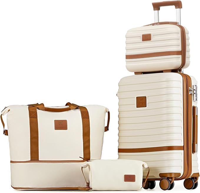 Joyway Carry On Luggage 20 Inch Expandable Suitcase with Spinner Wheel, 4 Piece Hard Shell Luggage Set with TSA Lock(White brown) by Joyway