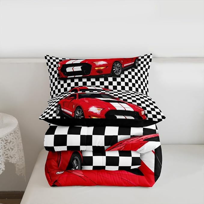 Erosebridal Child Racing Car Comforter Set Race Sports Car Bedding Set Black and White Grid Duvet Sets Automobile Bedding Set Mordern Design Boys Teens Bedroom Decor Down Comforter,Twin - Image 7