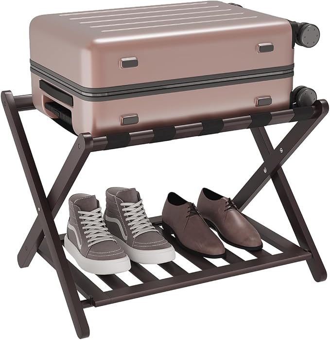Smuxee Fully Assembled Brown Luggage Rack, Upgraded Bamboo Foldable Suitcase Stand with 5 Nylon Straps, Luggage Holder with Shelf for Guest Room Bedroom Hotel - Image 8