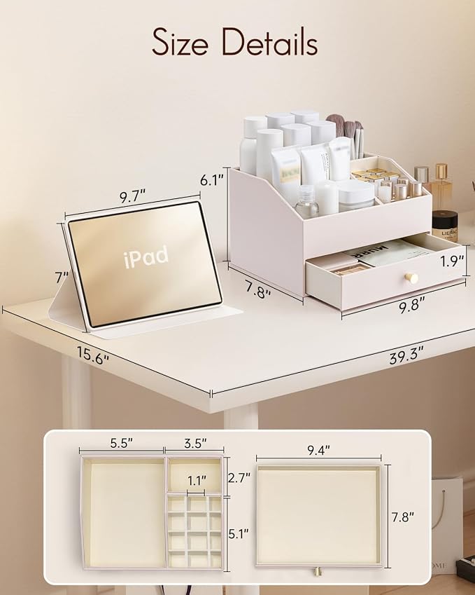 VLANDO Makeup Organizer,Vanity Organizer with Drawers, PU Leather Skincare Organizer Perfume Organizer,Large Cosmetic Display Case for Lipstick,Brushes Gifts for Women-Apricot White - Image 2
