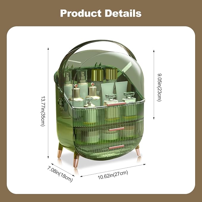 Ergocar Portable Retro Series Multi-Function Make Up Case Dustproof Cosmetic Storage Box, Skin Care Products Jewelry Organizer Finishing Box Bathroom Desktop - Retro Green - Image 7