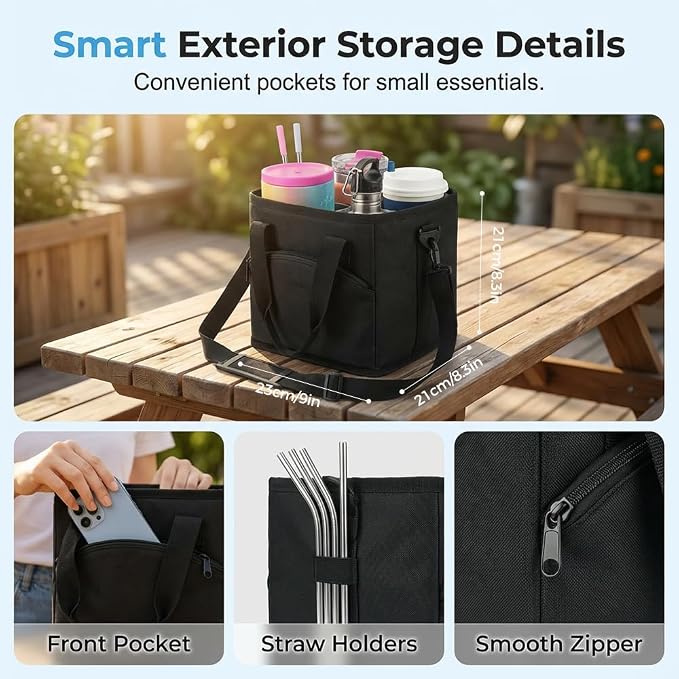 Family Size 4 Compartment Drink Bag, Reusable Drink Carrier with Handle Insulated, Collapsible 4-Cup Beverage Bag with No-Spill Base, Adjustable Dividers & Shoulder Strap, Portable Caddy - Image 2