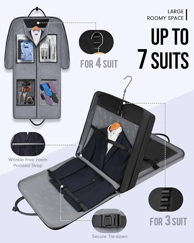 MATEIN Mens Garment Bags for travel, Large Travel Suit Bag Up to 7 Suits with Strap, Wrinkle Free Carry On Garment Bags for Hanging Clothes, Business Suitcase Luggage Bag Fit 17.3 Inch Laptop, Black - Image 2