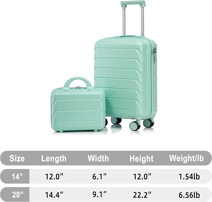 GDFStudio 14/20 Inch 2 Piece Luggage Set with Cosmetic Bag,ABS Hard Shell Spinner Suitcase with Combination Lock,360° Silent Wheels,Retractable Handle, Carry On Travel Luggage with Vanity Case,Green - Image 3
