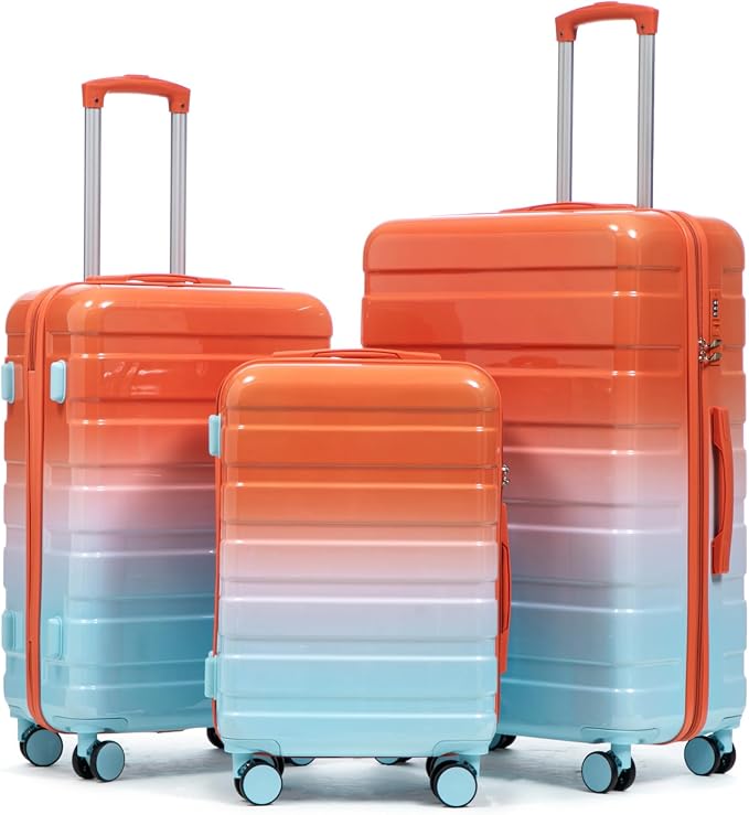 3-Piece Luggage Set 20/24/28’’ Hard-shell with 360° Spinner Wheels, Gradient Color Suitcase with Combination Lock, Lightweight PC Material, (Blue+ Red) by LUCCALILY