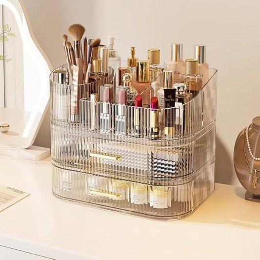 Stackable Makeup Organizer with 2 Drawers & 360° Rotating Brush Holder - 11" Large Clear Cosmetic Display Case, 9 Compartments Skincare Storage for Vanity Countertop (1 Tray + 2 Drawers) by STORICANS