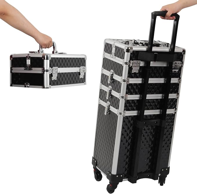 4 in 1 Professional Makeup Train Cases Large Storage Cosmetic Case 4 Wheels Lockable Rolling Makeup Trolley Diamond Surface (BLACK) - Image 8