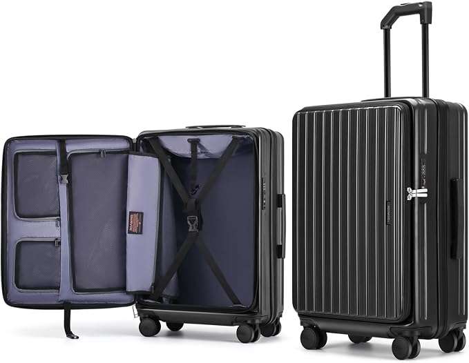 ROAMING 20 Inch Carry On Luggage Hard Shell Suitcases with Wheels Cup Holder Tsa Approved Luggage Suitcase Travel Luggage for Women Men Rolling Luggage Bags for Business Trip Weekender-Black by ROAMING