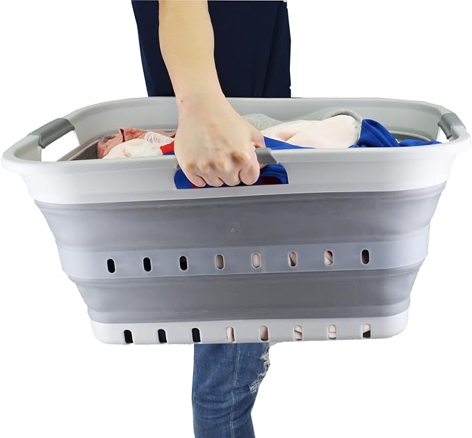 SAMMART 42L (11 gallon) Collapsible Plastic Laundry Basket - Foldable Pop Up Storage Container/Organizer - Portable Washing Tub - Space Saving Hamper/Basket (Grey/Dark Grey) - Image 8