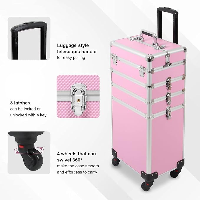 4 in 1 Rolling Makeup Train Case, Large Storage Cosmetic Trolley Makeup Travel Case with Key & Wheels Salon Barber Case Traveling Cart Trunk, Pink - Image 5