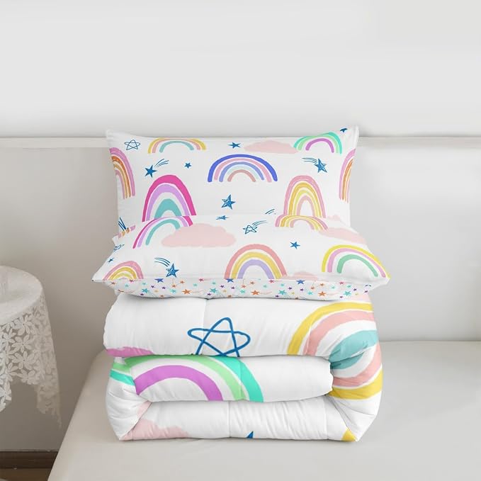 Rainbow Comforter Set For Girls Kids, Cartoon Sun Cloud Quilt Kawaii Room Decor Queen Size, Girly Iridescent Stripes Duvet Insert Hand Drawn Down Comforter 3 Pieces With 2 Pillow Cases, Colorful - Image 7